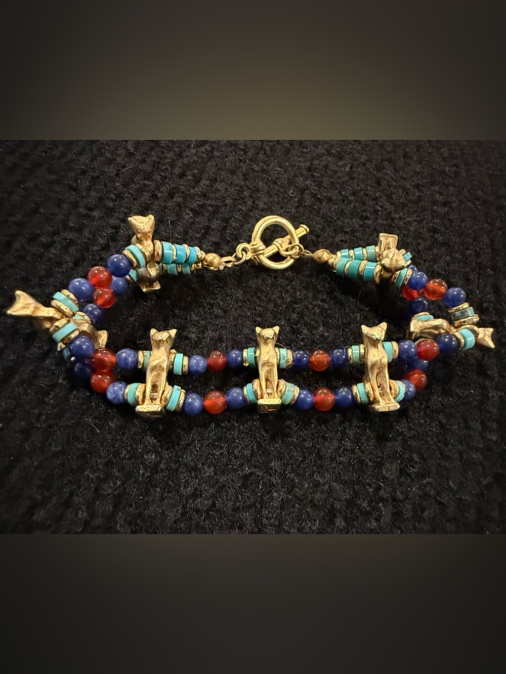 Vintage Museum Reproductions Egyptian Bastet Cat Multi Bead Bracelet 6.5 In